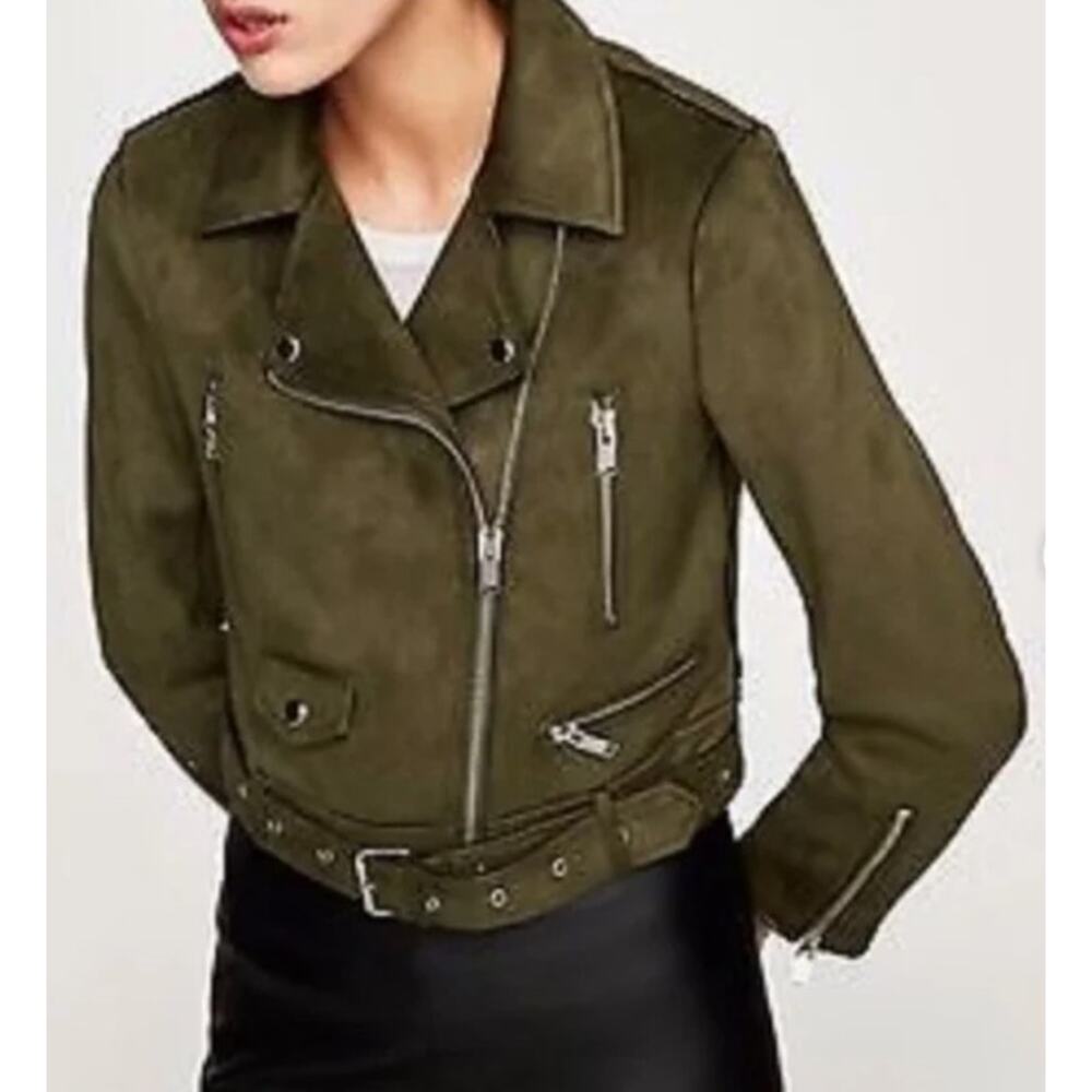 ZARA Outwear Olive Green Faux‎ Suede Belted Moto Biker Jacket Women's Size XS